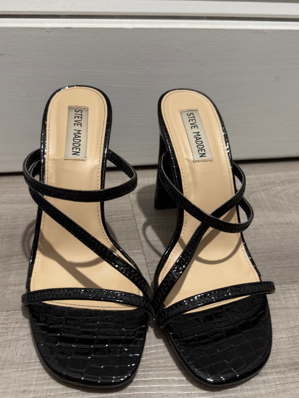 Steve Madden Black Croc-Embossed Strappy Block Heel Sandals